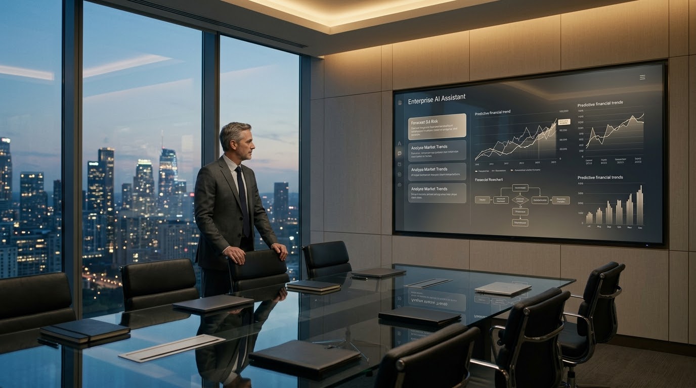 Sala de juntas corporativa con gran pantalla de monitoreo analítico y flujos automatizados de Inteligencia Artificial
